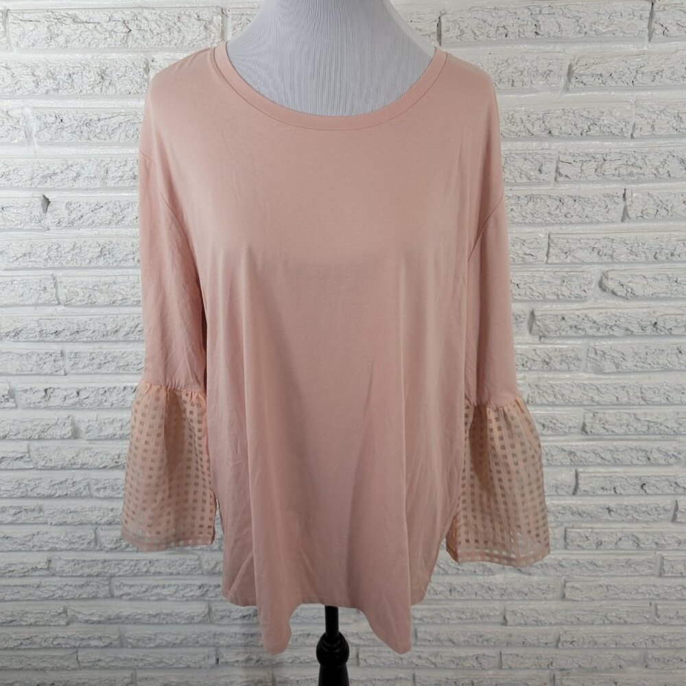 Maette Pink Tunic Blouse 1X Plus Womens 3/4 Bell Sleeve Cotton Top PIN8E
